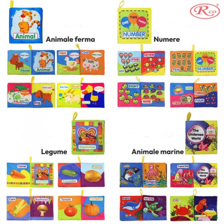 Set 8 carti senzoriale si fosnaitoare din material textil multicolor pentru bebelusi, 10x10x4 cm, RCO, WJ6207, Multicolor [2]
