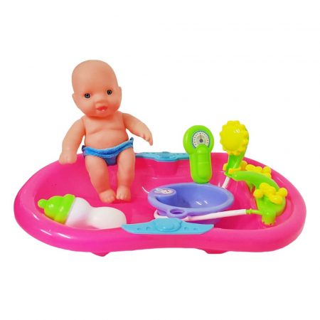 Jucarii interactive - Set bebelus de jucarie, cu cadita, dus si accesorii, 6 piese, 31x20x 7cm, KS 3001C