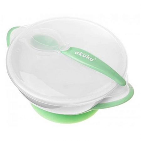 Accesorii masa bebe - Set castron cu ventuza, cu un singur compartiment si lingurita pentru copii Akuku A0504, Verde