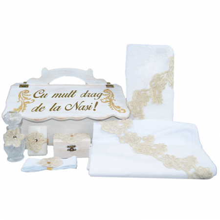 Botezul bebelusului - Set complet 8 piese trusou elegant pentru botez Mini Bimbi T080323-AU, Auriu