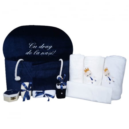 Botezul bebelusului - Set complet 9 piese trusou elegant pentru botez Mini Bimbi T080323-B, Bleumarin