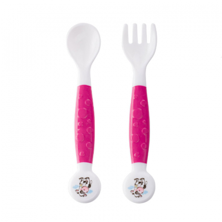 Vesela si tacamuri bebelusi - Set 2 tacamuri lingurita si furculita Canpol Babies 5/580, Roz