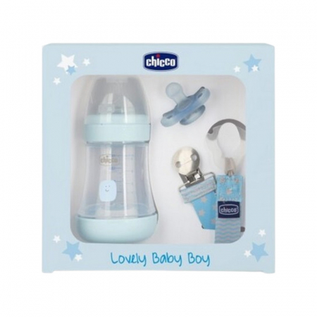 Set lanț, suzetă și biberon din polipropilena cu tetina din silicon 150 ml, Chicco Natural Feeling 122189A, Albastru [3]