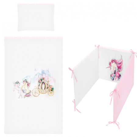 Accesorii camera bebe - Set lenjerie de pat 5 piese 90 x 120 cm pentru fete Belisima Unicorn P02-0006, Alb