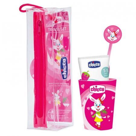 Periute dinti - Set periuta de dinti cu capac, pasta de dinti si pahar Chicco 121212, Fucsia
