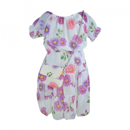 Rochite fete - Set rochie, cu imprimeu floral si geanta pentru fete, Lucky, LK133M, Mov