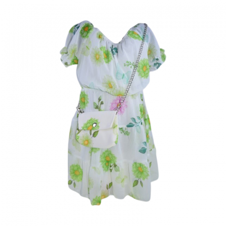 Rochite fete - Set rochie, cu imprimeu floral si geanta pentru fete, Lucky, LK133V, Verde