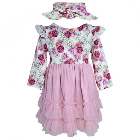 Rochite fete - Set rochie eleganta cu maneca lunga si bentita pentru fete LULU DESIGN 101123-2, Roz
