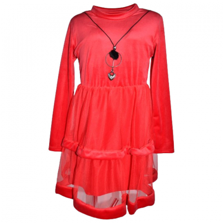 Îmbrăcăminte fete - Set rochie eleganta din catifea cu maneca lunga si colier pentru fete Lucky Girl 6849, Rosu