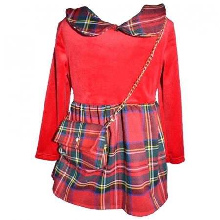 Îmbrăcăminte fete - Set rochie eleganta din catifea cu maneca lunga si geanta pentru fete Lucky Girl 6785, Rosu