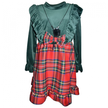 Îmbrăcăminte fete - Set rochie eleganta din catifea cu maneca lunga si colier pentru fete Lucky Girl 6778, Verde