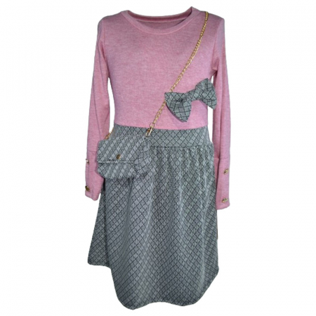 Îmbrăcăminte fete - Set rochie eleganta cu maneca lunga si geanta pentru fete New Collection 6660-RZ, Roz