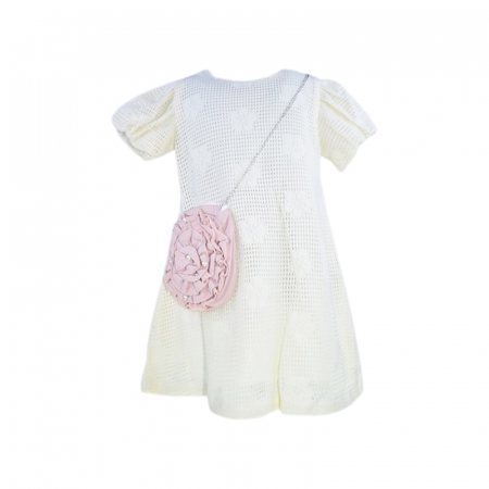 Îmbrăcăminte fete - Set rochie eleganta cu maneca scurta si geanta pentru fete, Mini Junior 11261, Crem