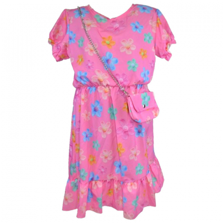 Îmbrăcăminte fete - Set rochie eleganta cu maneca scurta si geanta pentru fete Mini Junior R290524-14, Roz