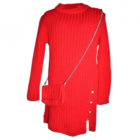 Rochite fete - Set rochie eleganta tricotata cu maneca lunga si geanta pentru fete JDJ 2328-R, Rosu