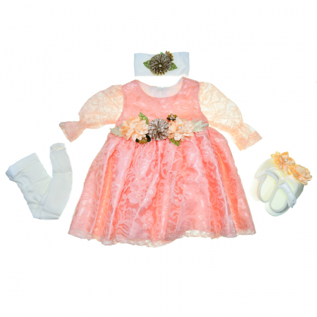 Botezul bebelusului - Set rochita pentru botez 4 piese Mini Junior RBTZ-24108, Coral