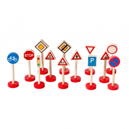 Jucarii interactive - Set semne si indicatoare de circulatie - Joc de rol din lemn, 13 piese, 12 cm, AC1039