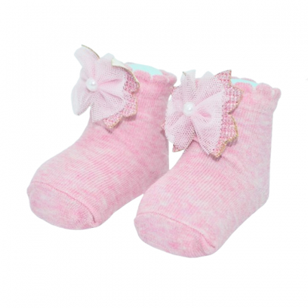 Sosete bebelusi si copii - Sosete din bumbac cu fundita pentru fete Mini Junior SST-MJ1, Roz