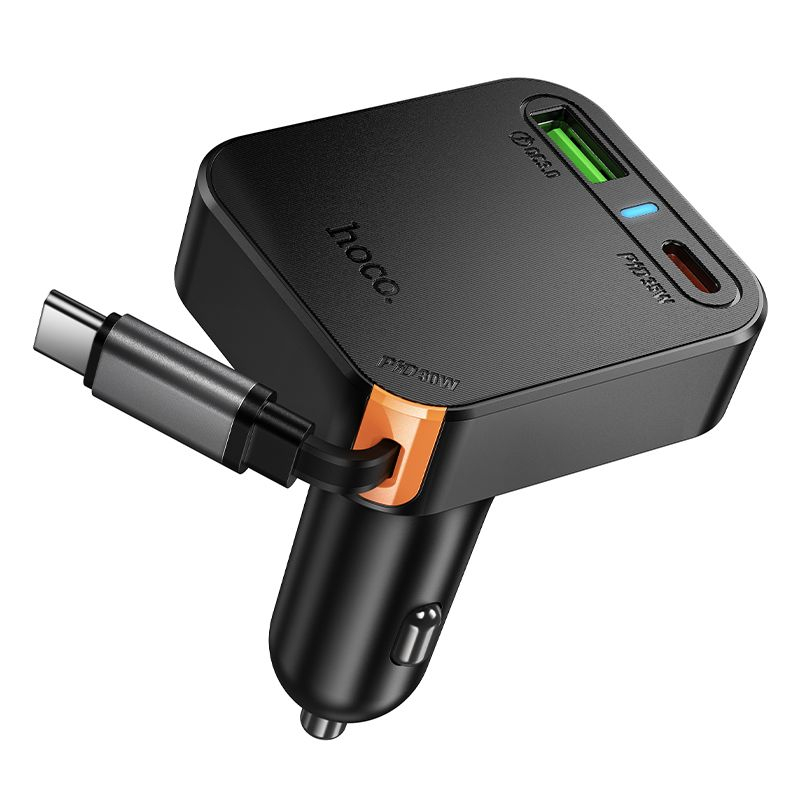 Încărcător Auto HOCO NZ18, 65W, QC/PD, Cablu Retractabil, 2×USB-C + USB-A, Black [6]