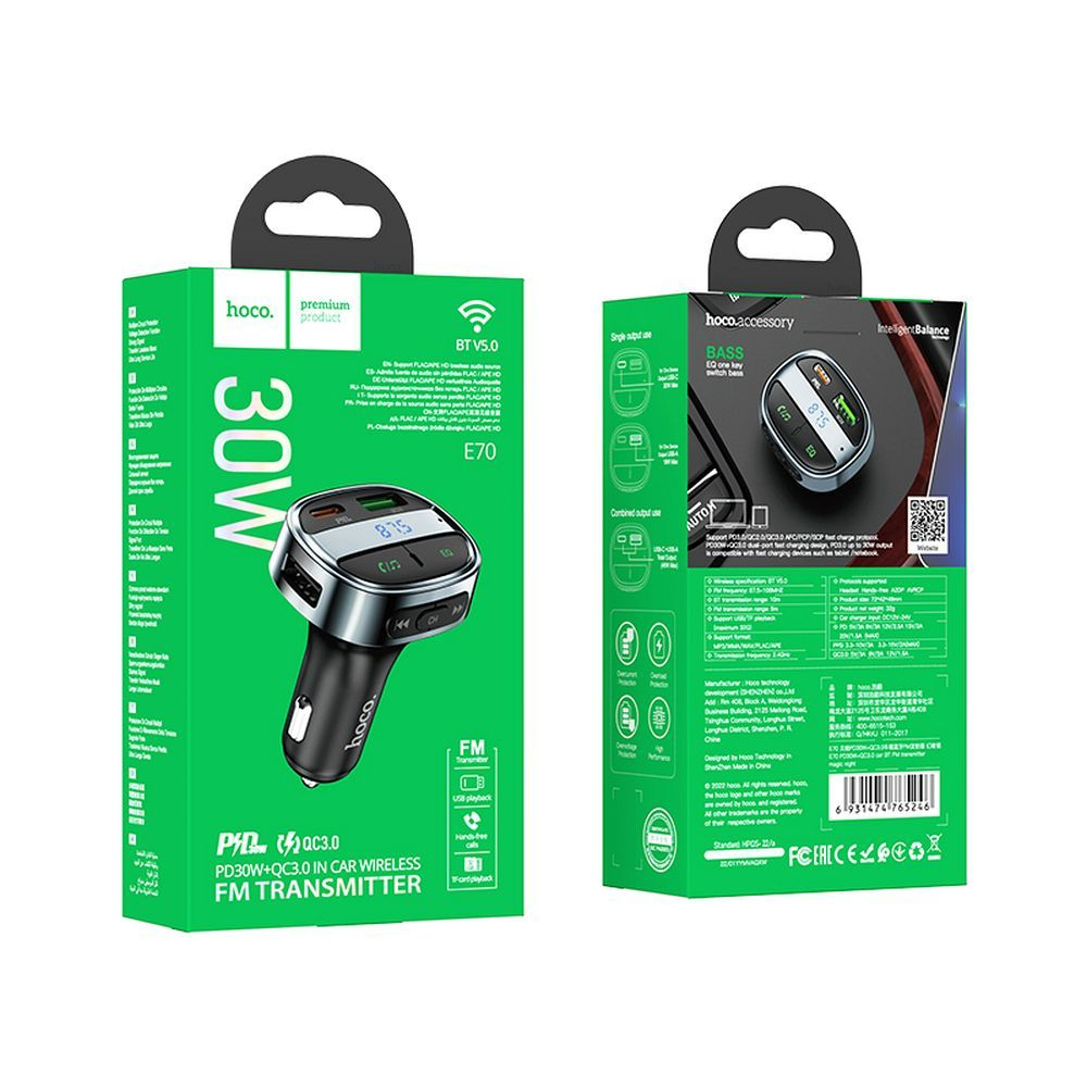 Încărcător Auto Hoco USB-A + Type-C cu Afișaj Digital și Transmițător FM BT PD QC 3.0 5A 30W E70, Negru Obsidian [6]