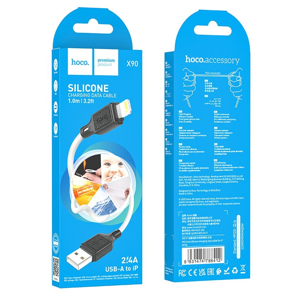 Cablu USB Hoco X90, USB-A la Lightning, 2.4A, 1m, Alb [5]