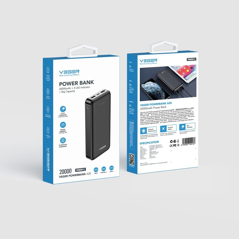 Powerbank Veger A20, 20000mAh, 2A, Negru [9]
