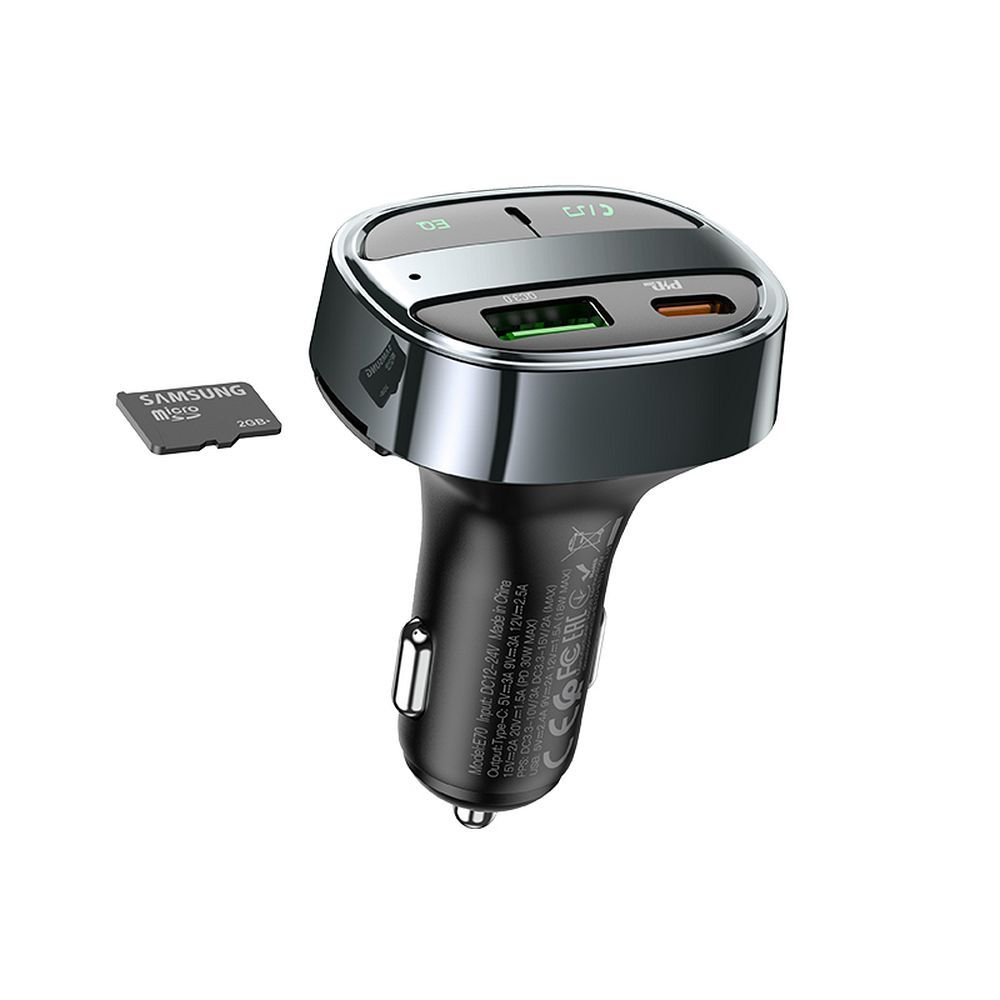 Încărcător Auto Hoco USB-A + Type-C cu Afișaj Digital și Transmițător FM BT PD QC 3.0 5A 30W E70, Negru Obsidian [3]