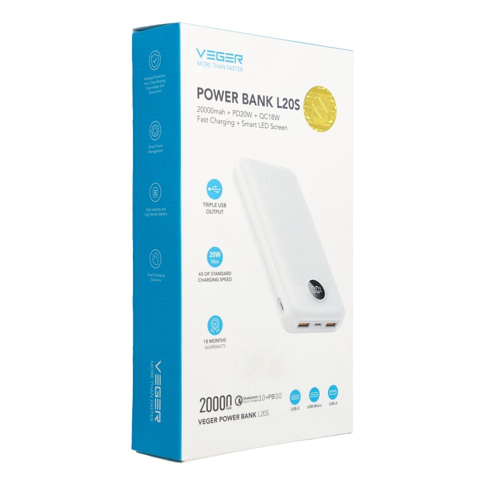 Powerbank Veger L20S, 20000mAh, PD QC3.0, 2A, 20W, Alb [5]