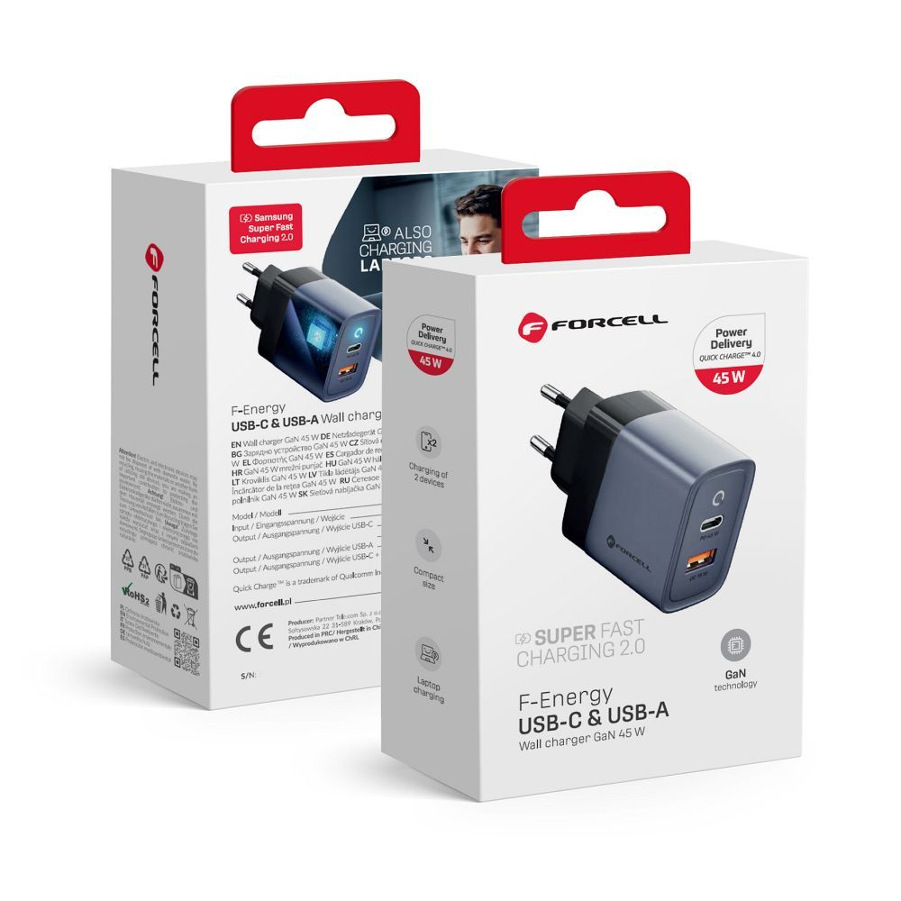 Încărcător de Călătorie Forcell F-Energy GaN VT-39, Type-C + USB-A, PD QC 4.0, 4A, 45W, Gri [8]