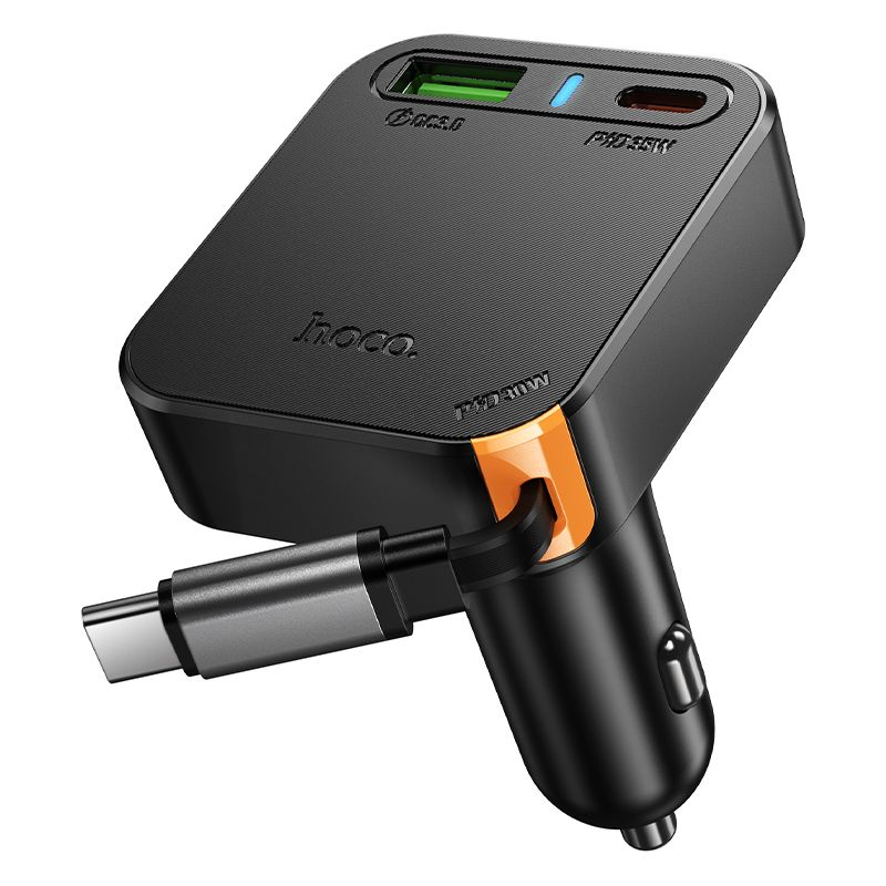 Încărcător Auto HOCO NZ18, 65W, QC/PD, Cablu Retractabil, 2×USB-C + USB-A, Black [1]