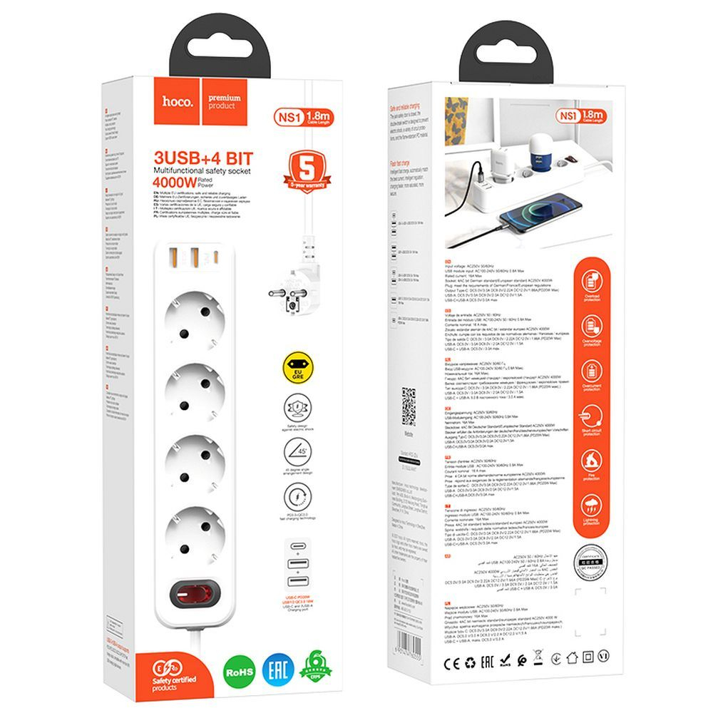 Priză HOCO Prelungitor 4 Biți + 2 x USB A + Tip C PD QC 3A 20W NS1 Alb - Putere și Versatilitate [5]