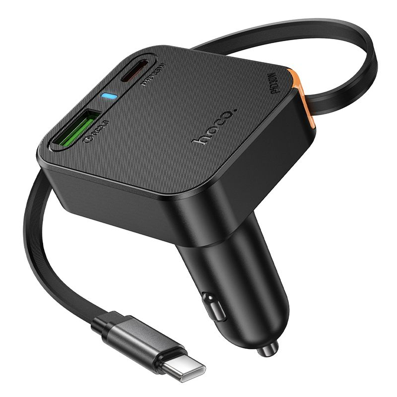 Încărcător Auto HOCO NZ18, 65W, QC/PD, Cablu Retractabil, 2×USB-C + USB-A, Black [7]