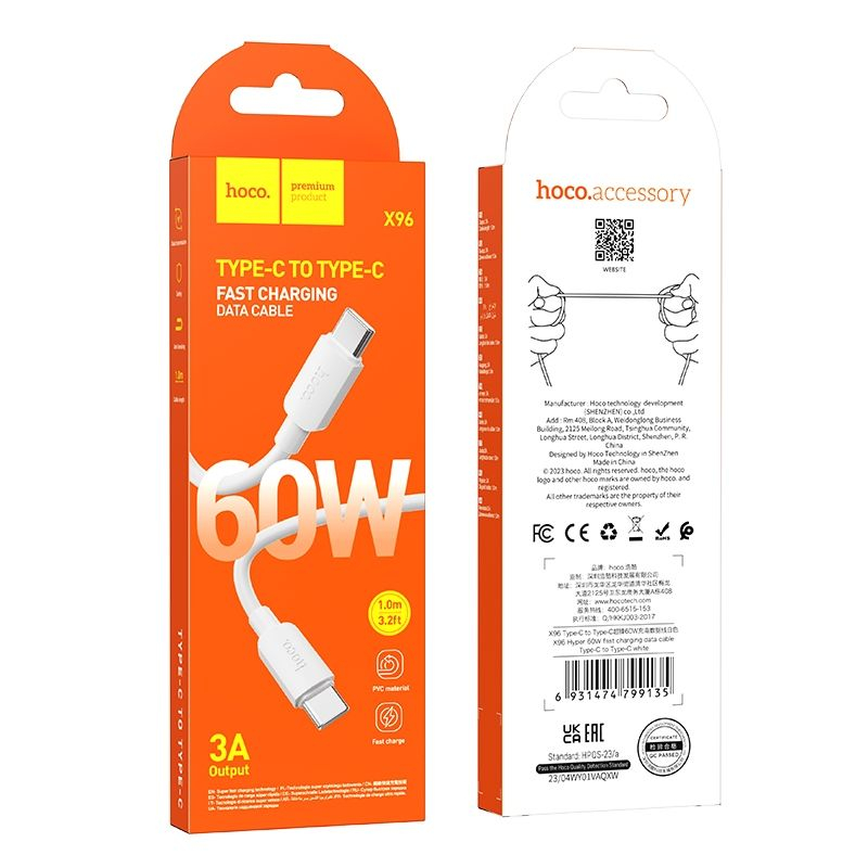 Cablu Hoco X96, USB Type-C la USB Type-C, Încărcare Rapidă PD 60W, 1m, Alb [4]