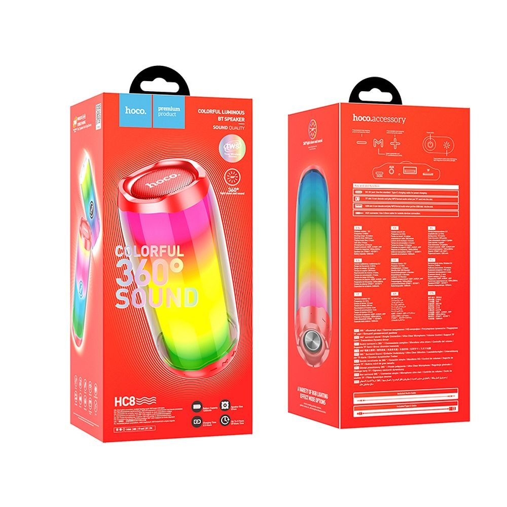 Boxa Wireless HOCO Bluetooth HC8, Roșu, Difuzor Portabil cu Iluminare LED RGB [2]