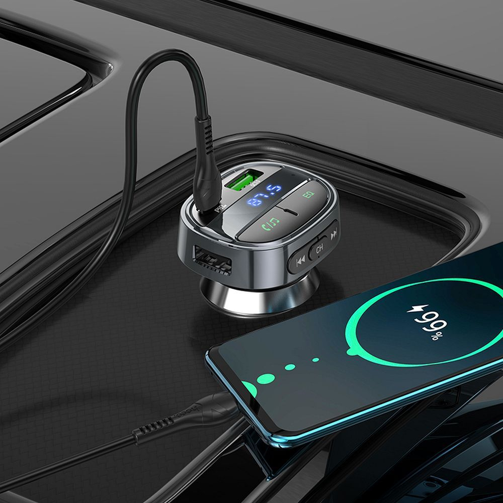 Încărcător Auto Hoco USB-A + Type-C cu Afișaj Digital și Transmițător FM BT PD QC 3.0 5A 30W E70, Negru Obsidian [2]