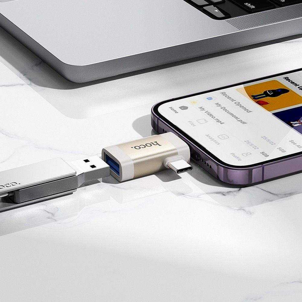Adaptor OTG Hoco 2 în 1 Type-C și Lightning la USB-A, UA31F, Gri [3]