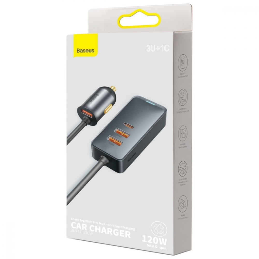 Baseus Share Together PPS multi-port încărcător auto 120 W (3x USB-A + USB-C), cablu extensibil 1,5 m, gri [4]