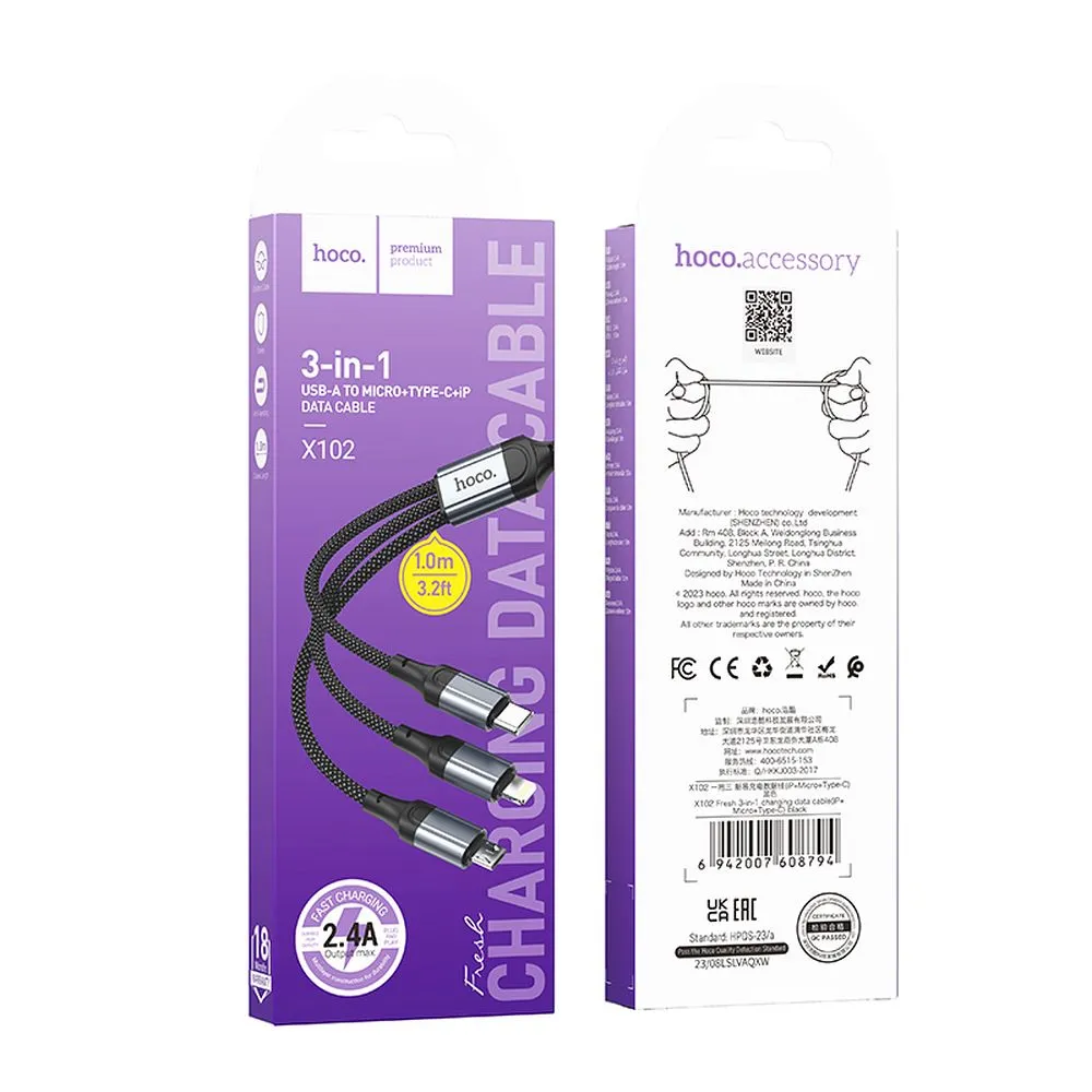 Cablu 3-în-1 Hoco USB-A la Lightning, Micro-USB, Type-C, 2.4A, X102, 1m, Negru [2]
