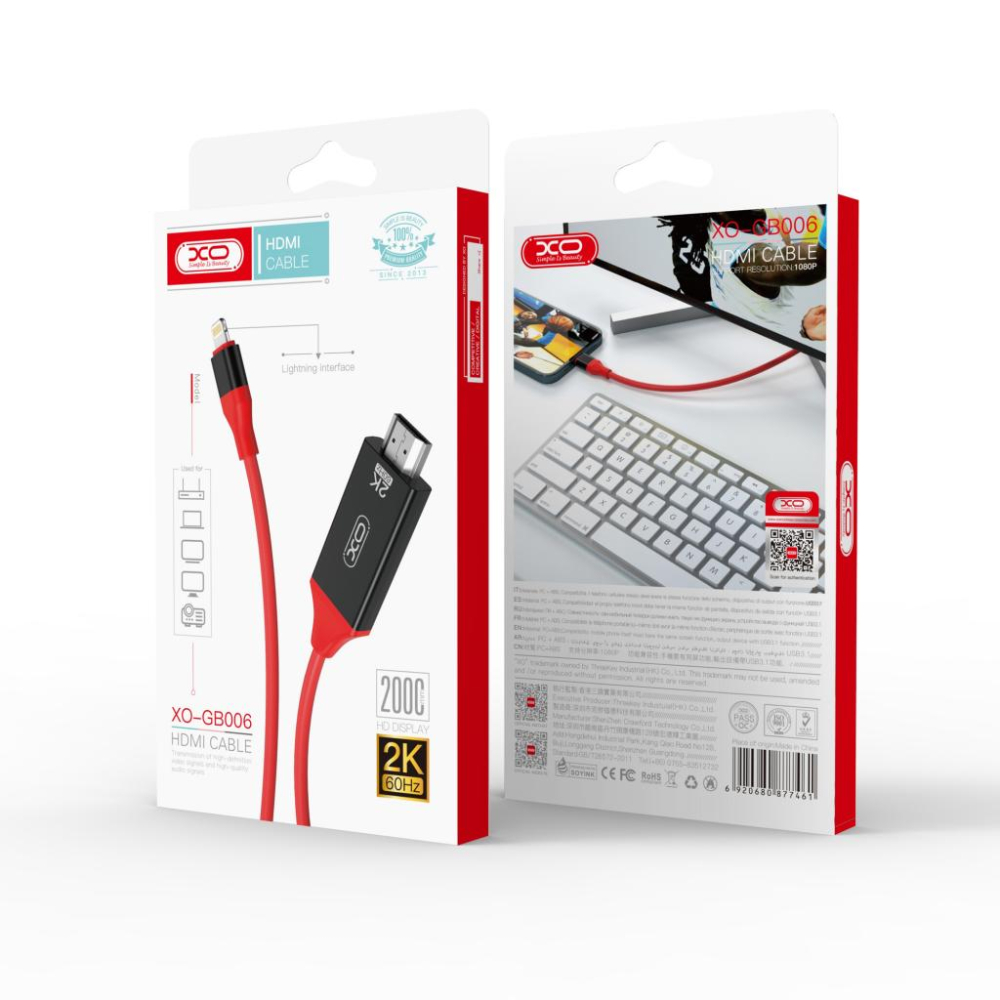 Cablu HDMI la Lightning XO GB006 1.8m, Full HD 1080P / 2K, pentru iPhone si iPad, Rosu [3]