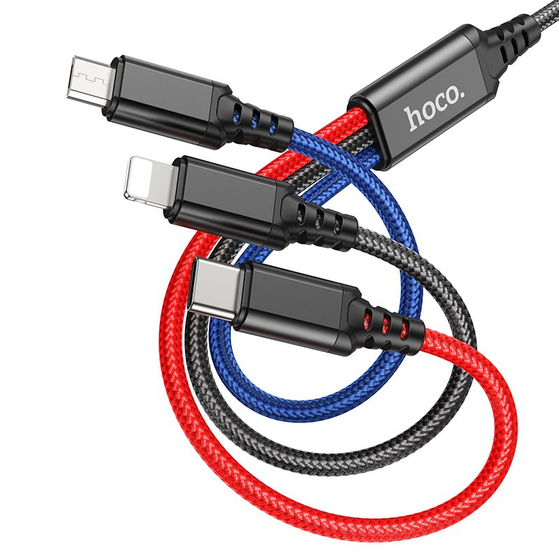 Cablu HOCO 3in1 USB A la Lightning / Micro USB / Tip C 2A X76 1 m negru / rosu / albastru [3]