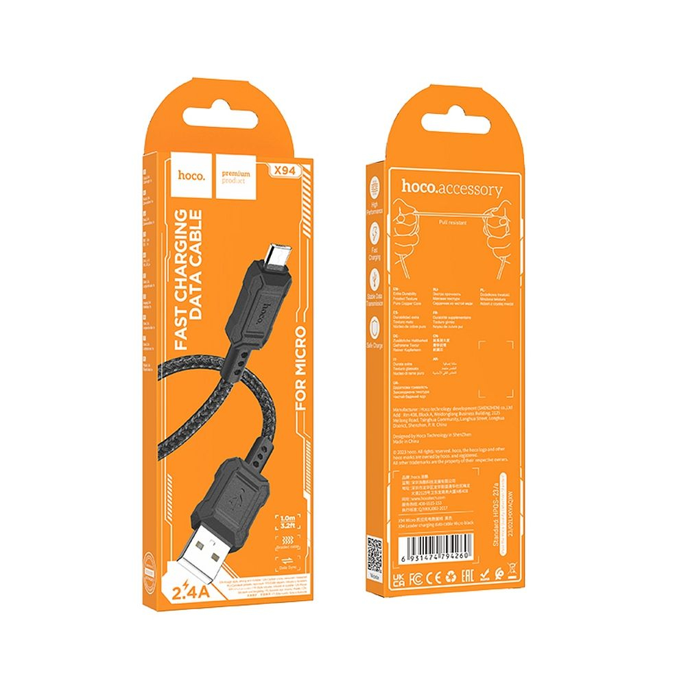 Cablu Hoco USB-A la Micro-USB 2.4A X94 1m Negru - Încărcare Rapidă și Conectivitate Fiabilă [3]