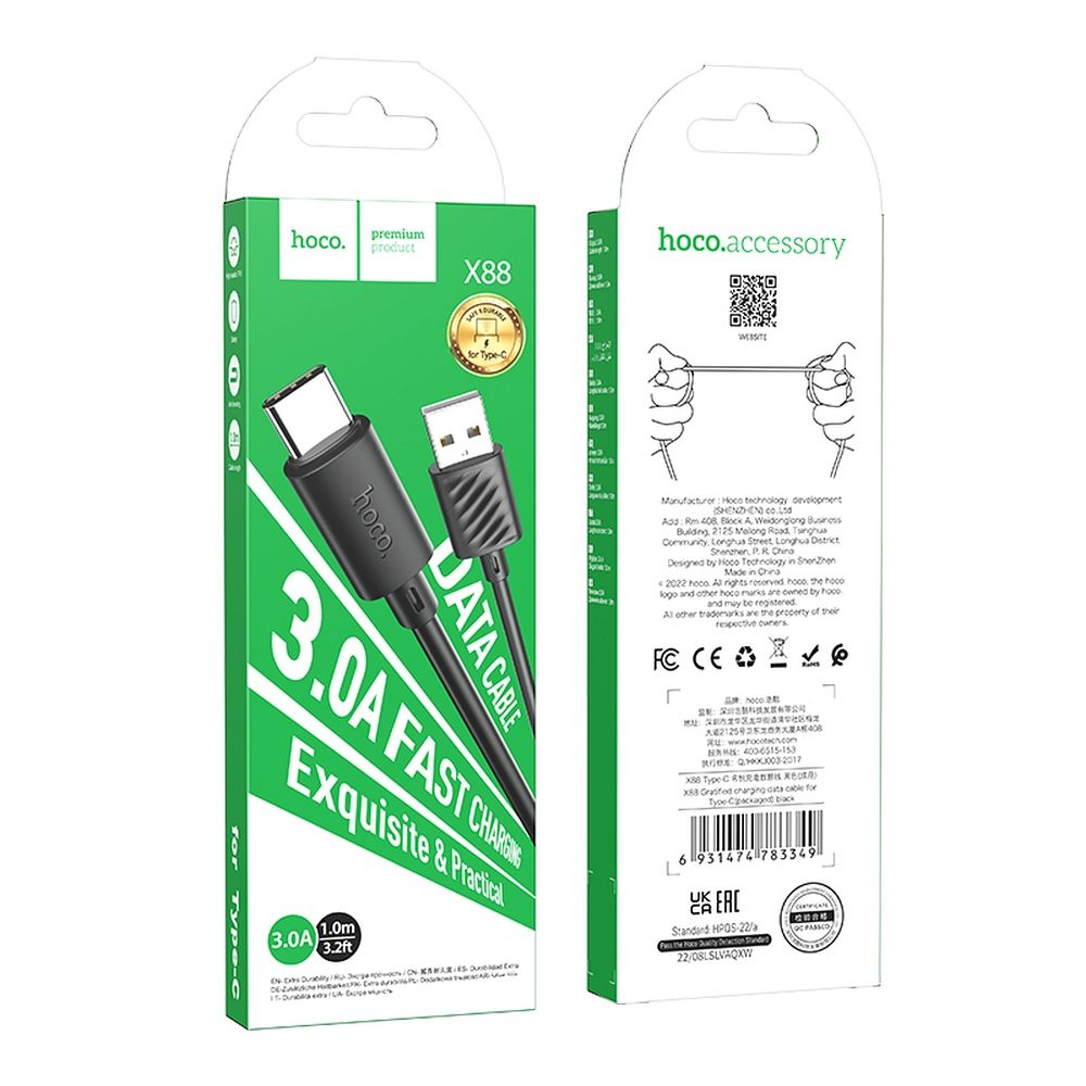 Cablu Hoco USB-A la Type-C 3A X88 1m Negru - Încărcare Rapidă și Fiabilă pentru Dispozitivele Tale [4]