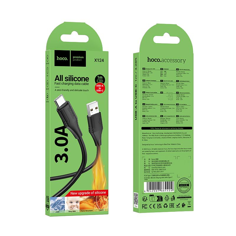 Cablu silicon USB-A la USB-C HOCO X124 3A 1m – flexibil și rezistent, negru [5]