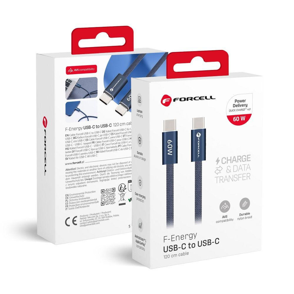 Cablu USB-C la USB-C Forcell F-Energy ACYH23 QC4.0 PD 60W Cafule Color, 1.2m, Albastru Inchis [3]