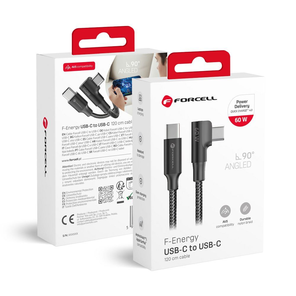 Cablu USB-C la USB-C Forcell F-Energy CC-1Deg QC4.0 PD 60W, 90°, 1.2m, Negru [3]