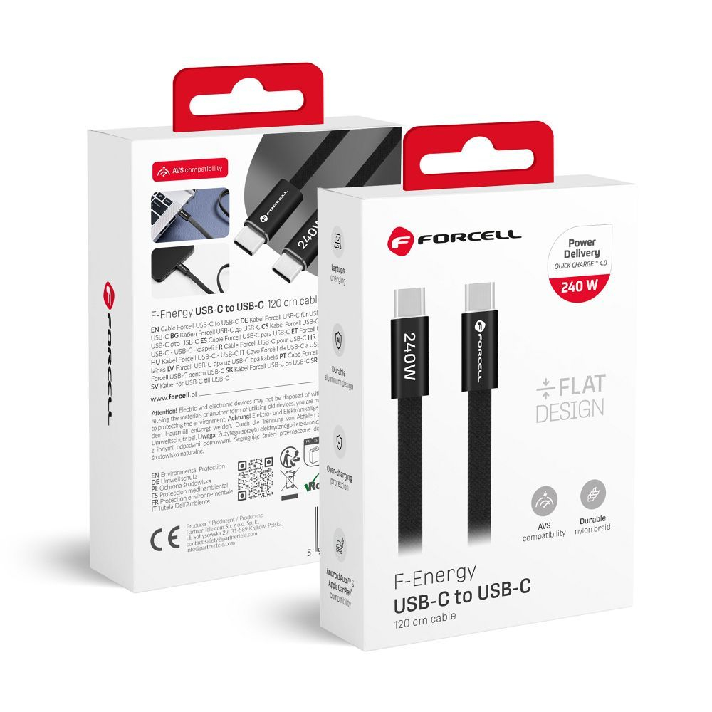 Cablu USB-C la USB-C Forcell F-Energy CCFN23 QC4.0 PD 240W Cafule Flat, 1.2m, Negru [3]