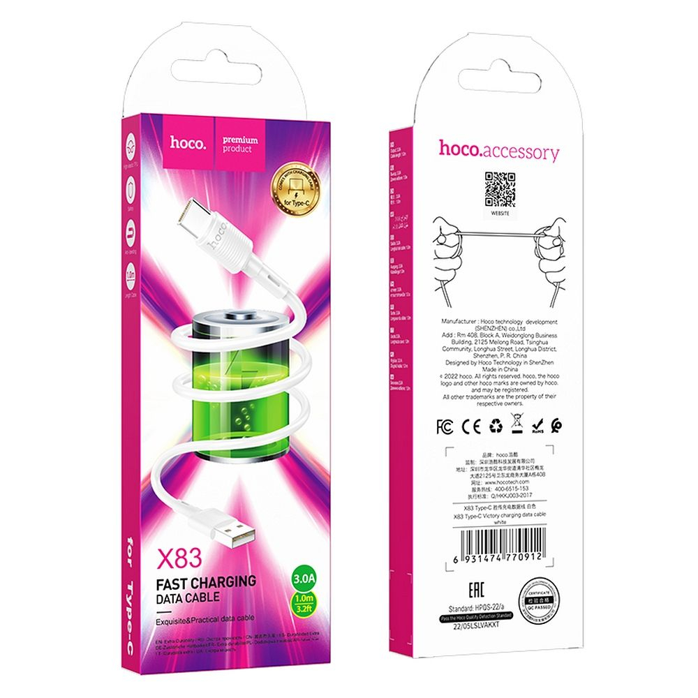 Cablu USB Hoco X83, USB-A la Type-C, 1m, 3A, Alb [5]
