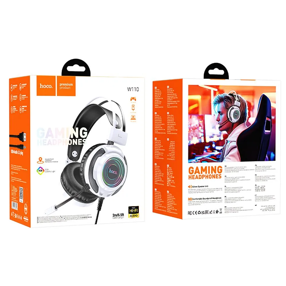 Căști cu fir HOCO USB A + Jack 3,5 mm cu microfon gaming W110 2 m alb [5]