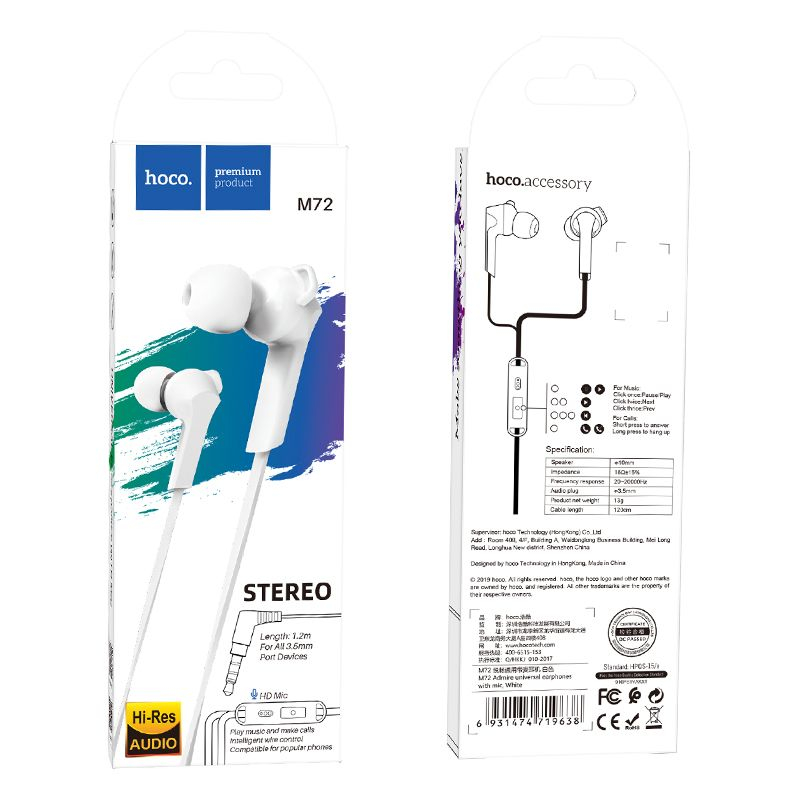 Căști Hoco cu Fir Jack 3.5 mm și Microfon, M72, Alb [3]