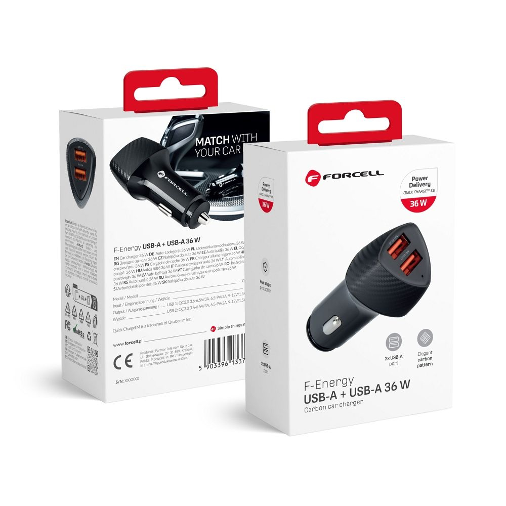 Forcell F-Energy Carbon – Încărcător auto 2x USB-A QC3.0 3A 36W CC50-2A, negru [4]